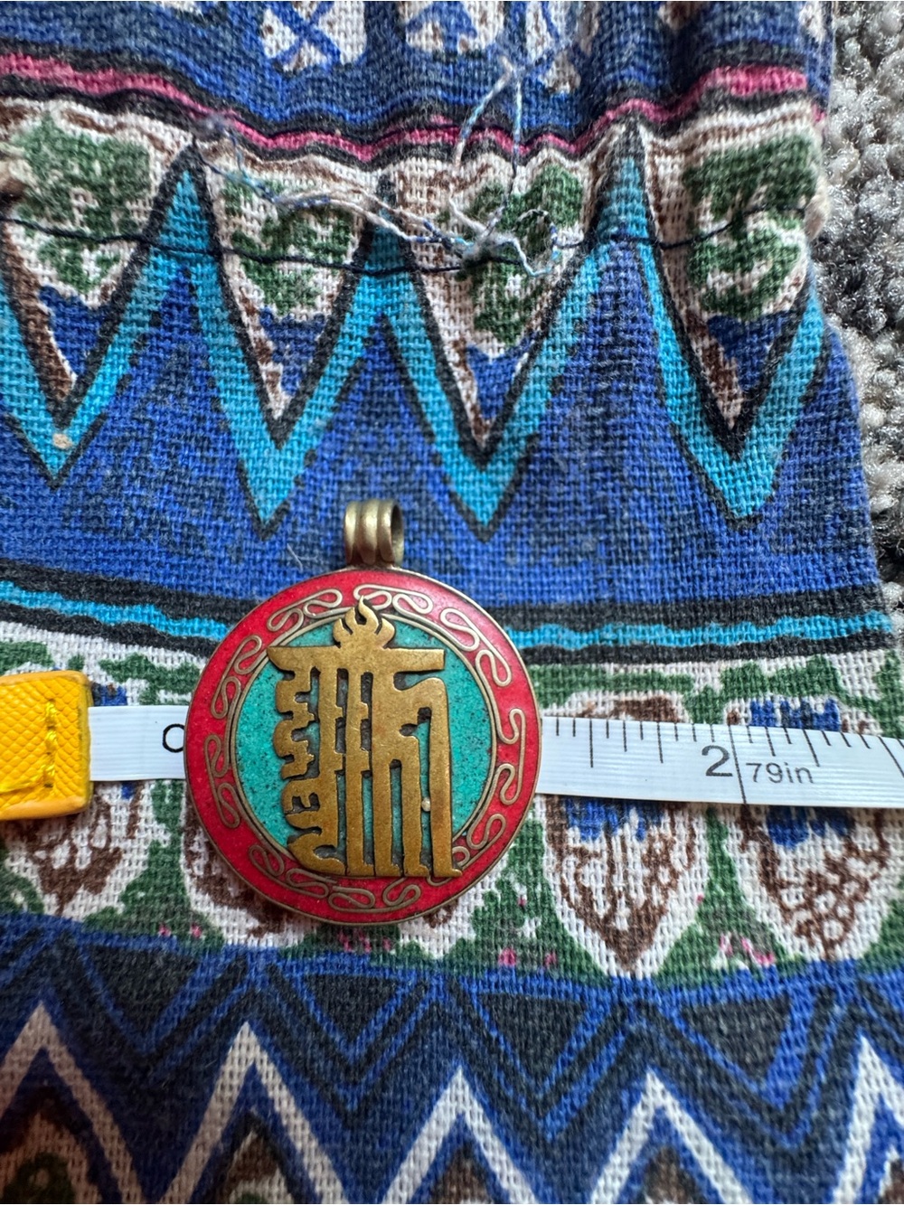 Round Red and Turquoise Brass Pendant Necklace